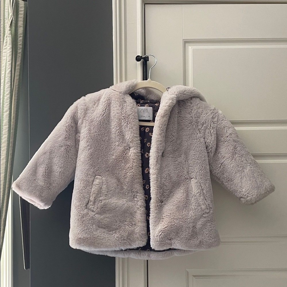Zara Light Gray Faux Fur Hooded Puffer Coat